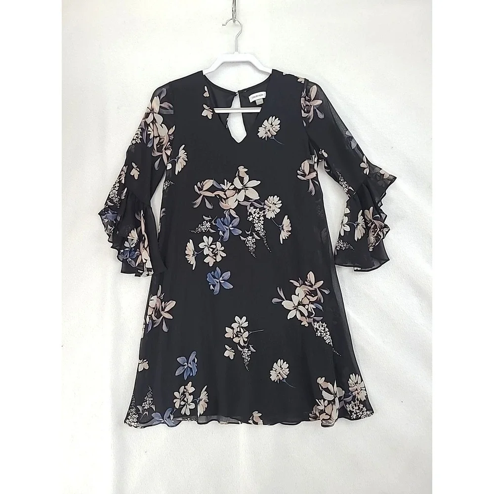 Calvin Klein Dress Sz 6 Black Chiffon Ruffles Floral Whimsigoth Fairy‎ Event EUC